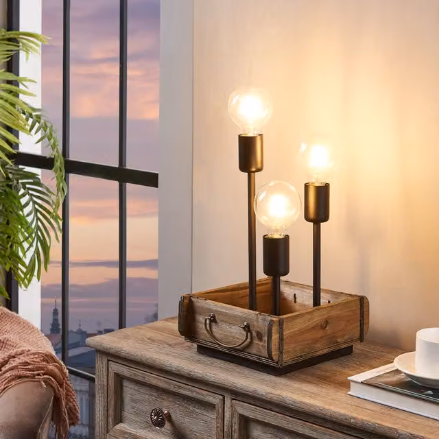Eglo Wootton Table Lamp in Brown Wood and Black Metal