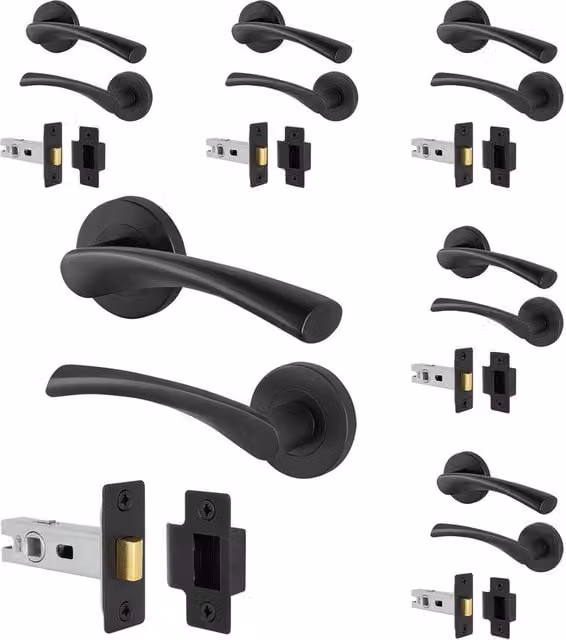 AFIT Matt Black Internal Door Handles with Latch, 6 Pairs, Rose Style, 150 x 150 mm