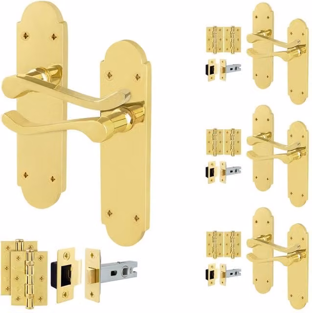 AFIT Polished Brass Door Handle Latch Set with Gold Hinges, 4 Pairs – 1