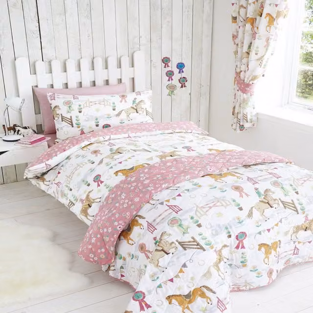 Portfolio Home Reversible Horseshow Floral Duvet Cover Set, Pink and Multicolour, 90 x 200 cm