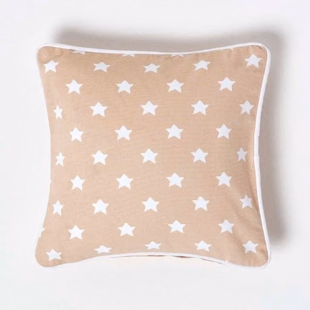 Homescapes Cotton Stars Cushion Cover, Beige and Brown, W/D/H: 30 x 30 x 30 cm
