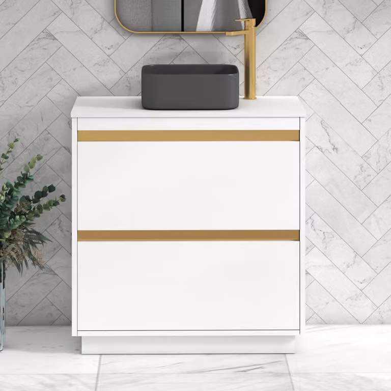 Royal Bathrooms Orion 800mm Matt White Floor Standing 2 Drawer Vanity Unit with Art Square Basin and Brushed Brass Accent Trim