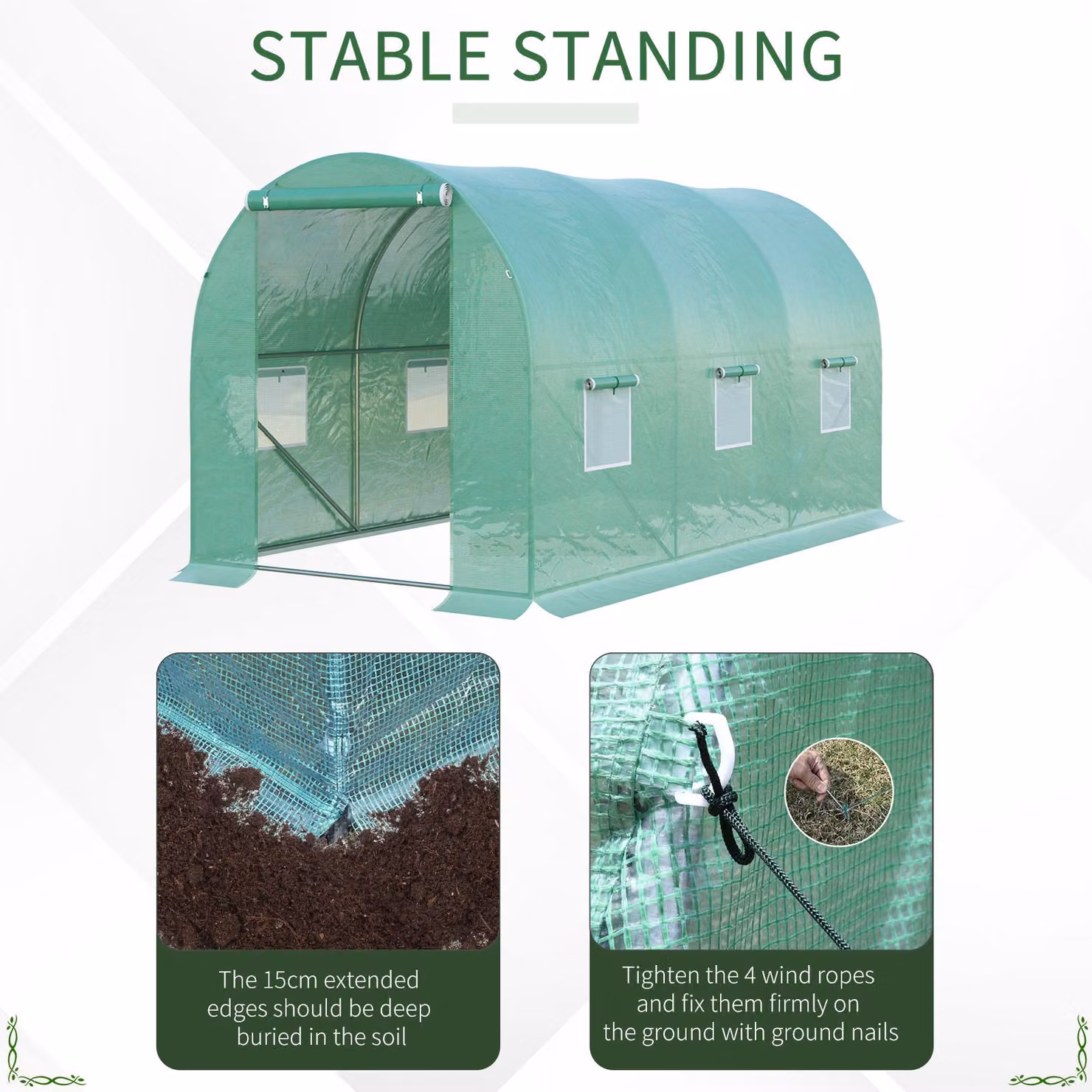 Outsunny Green Polytunnel Greenhouse with Galvanised Steel Frame and Zipped Door for Flowers and Vegetables, W: 4 m, D: 2 m, H: 2 m – 3