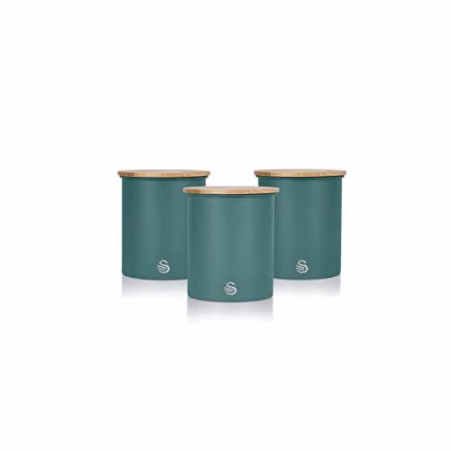Swan Set of 3 Airtight Metal and Bamboo Canisters in Green