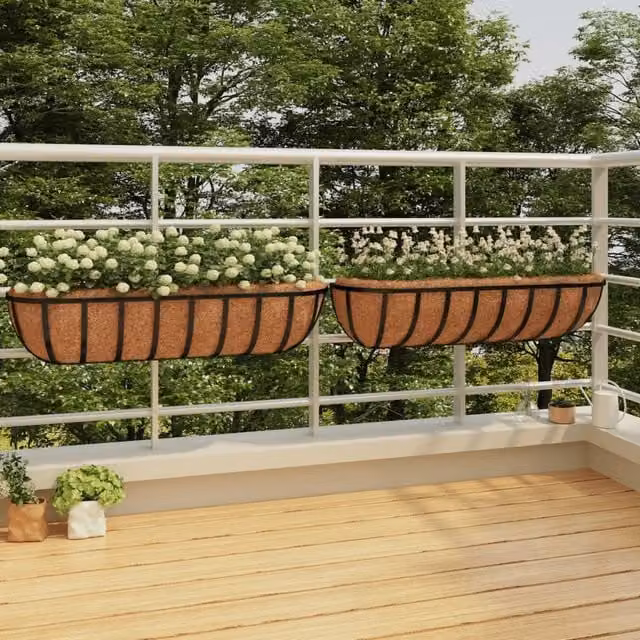 Berkfield Home Steel Wall Trough Planters with Coco Liners, Black, W/D/H: 91 x 20 x 23 cm, 2 Pack – 1