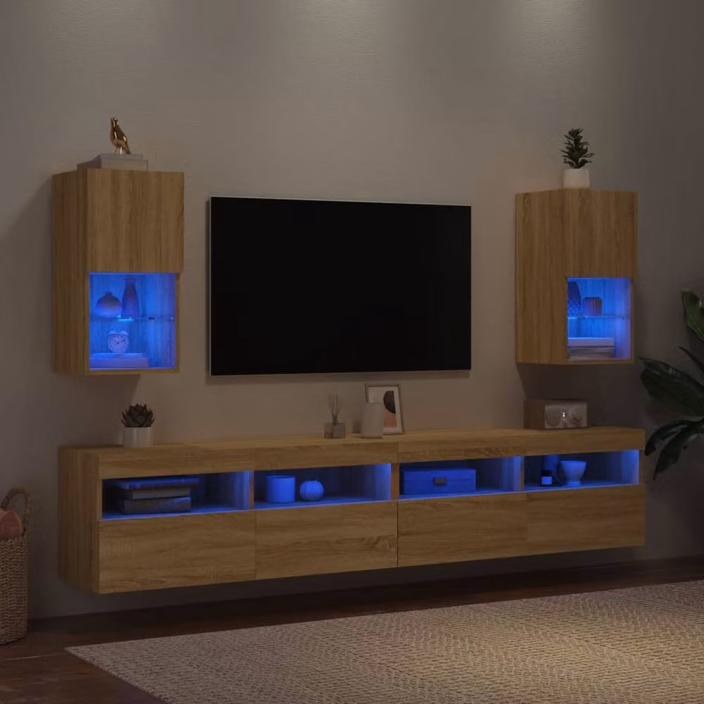Berkfield Home Set of 2 TV Cabinets with LED Lights in Light Oak, W/D/H: 60 x 30.5 x 30 cm – 3