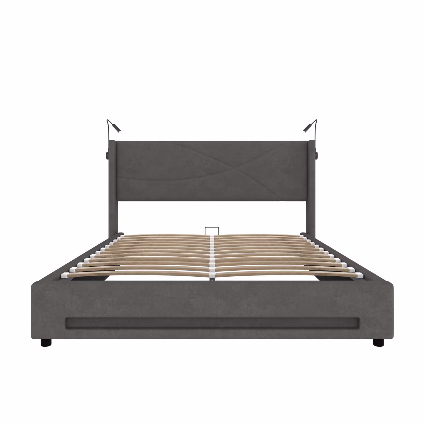 Aosom UK Modern Platform Bed with Hydraulic Lift System, Dark Grey Velvet Upholstered Bed Frame with Integrated Reading Lamps and USB Ports, W/D/H: 157 x 209 x 106 cm – 2