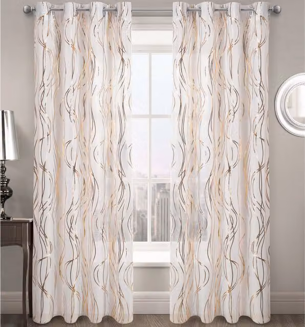 Velosso Modern Graphic Foil Print Voile Fabric Panel in Gold and White with Eyelets, Width: 182.88 cm