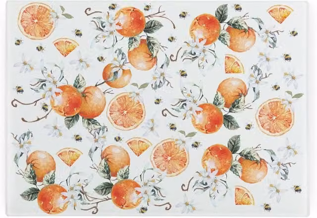 Purely Home Tangerines Rectangular Smooth Glass Worktop Saver Chopping Board in Orange and Multicolour