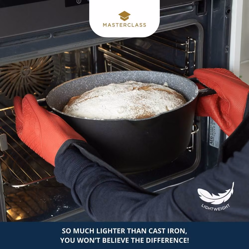 MasterClass Non-Stick Cast Aluminium Casserole Dish with Silicone Handle Covers, Black, 6L – 5