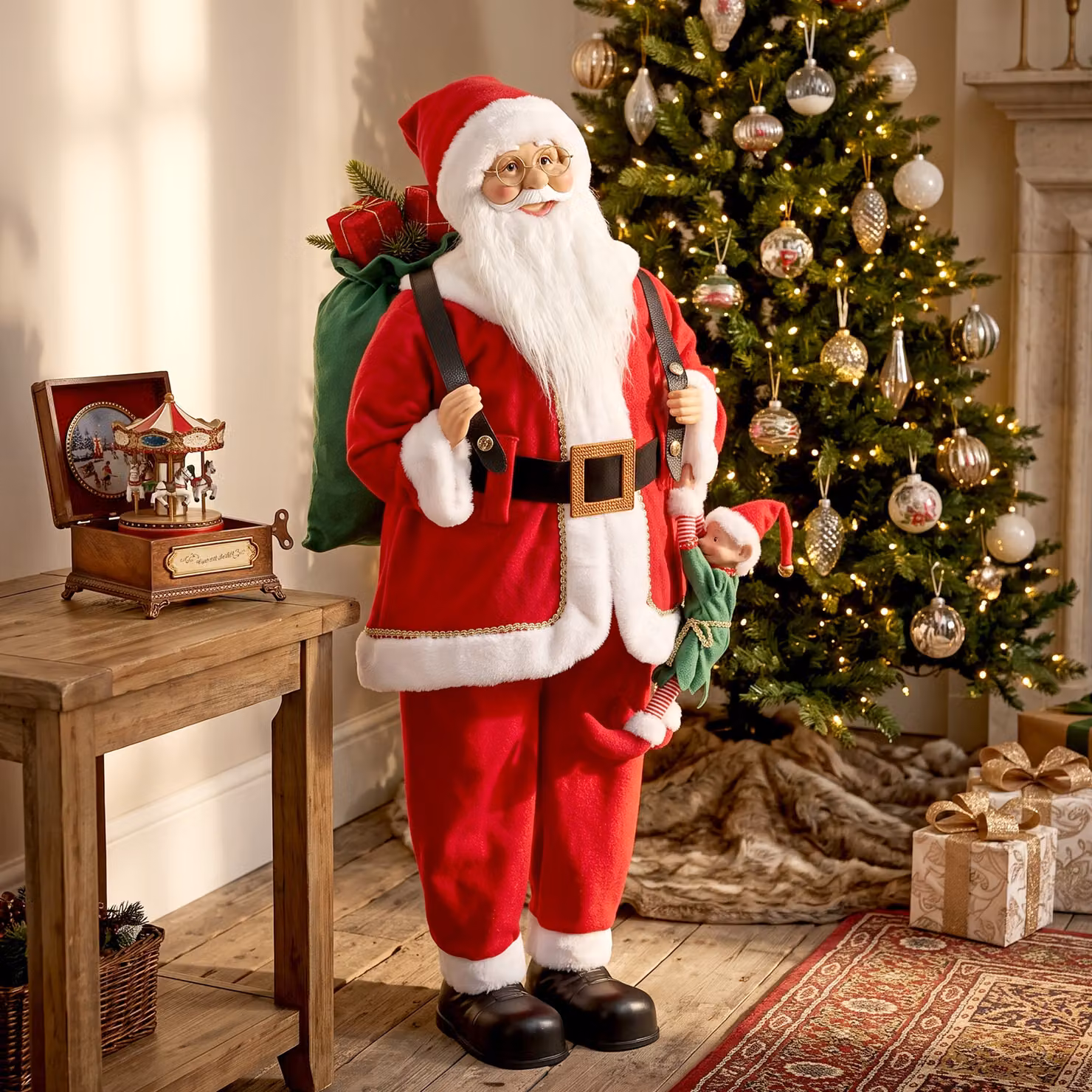 HOMCOM 4ft Animated Singing and Dancing Santa Claus Figure with Sack and Hanging Elf, Sound and Touch Activated, Height: 121.92 cm – 2