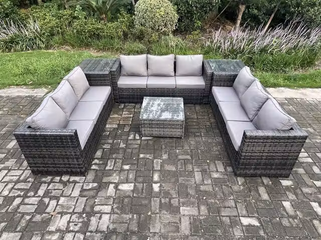 Fimous 9 Seater Rattan Garden Furniture Set in Dark Grey with Upholstered Cushions and Powder Coated Steel Frame