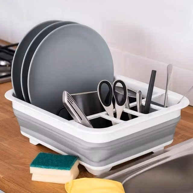 Marco Paul Large Collapsible Silicone Dish Drainer with Cutlery Holder in Grey, W/D/H: 31.5 x 13.0 x 31.5 cm
