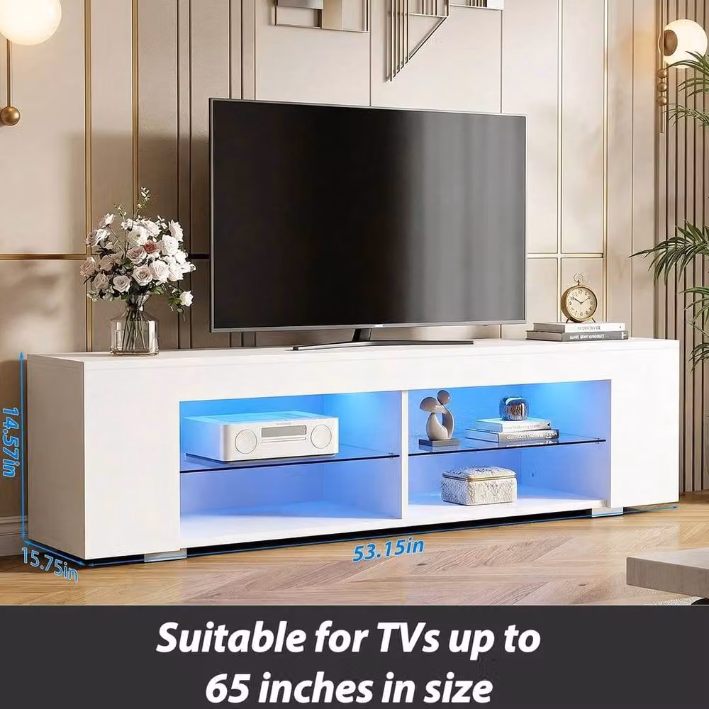 FORGEVIO Modern High Gloss White LED TV Stand Storage Cabinet with Integrated Lighting and Glass Details, Width: 135 cm – 4