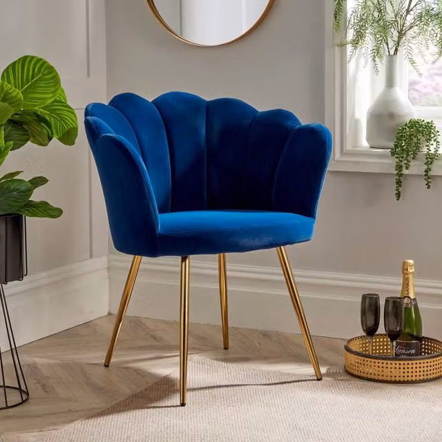 Home Source Navy Blue Boucle Fabric Scallop Shell Wing Back Armchair with Gold Metal Legs