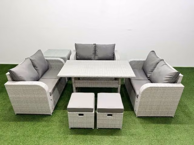 Fimous 8 Seater PE Wicker Rattan Garden Furniture Set in Light Grey with Rectangular Dining Table, 2 Seater Love Sofa and 2 Stools