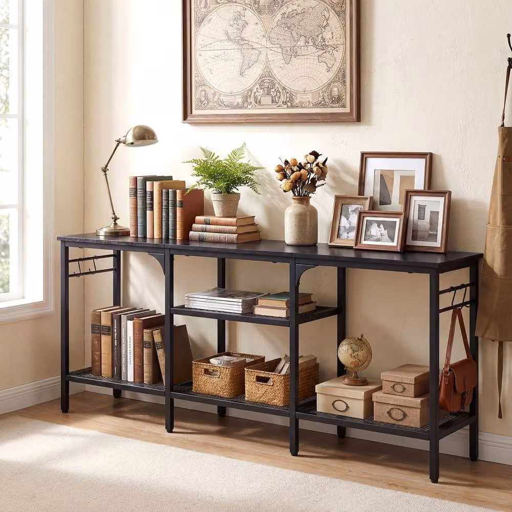 Gymax Industrial TV Stand and Media Console Table with Metal Mesh Shelves in Black – 9