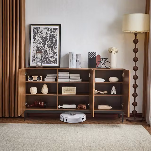 Aosom UK Mid-Century Sideboard with 3D Wave Design and Steel Legs, 3-Door Cabinet with Adjustable Shelves, Brown, W: 150 cm, D: 40 cm, H: 80 cm – 1