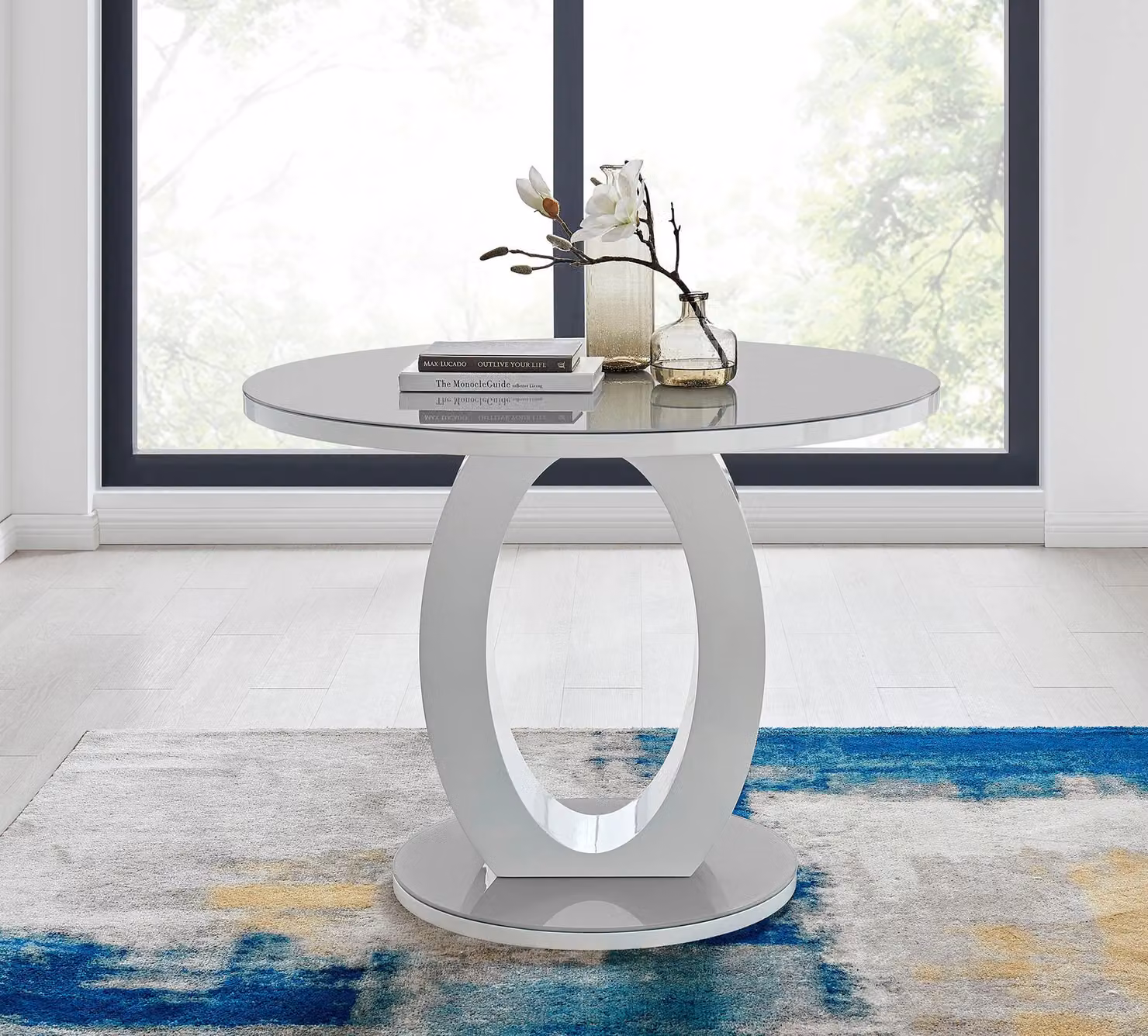 FurnitureboxUK Giovani Round Dining Table Set with 4 Black Faux Leather Milan Chairs, Grey Tinted Glass Top and White High Gloss Halo Base, Diameter: 100 cm – 2