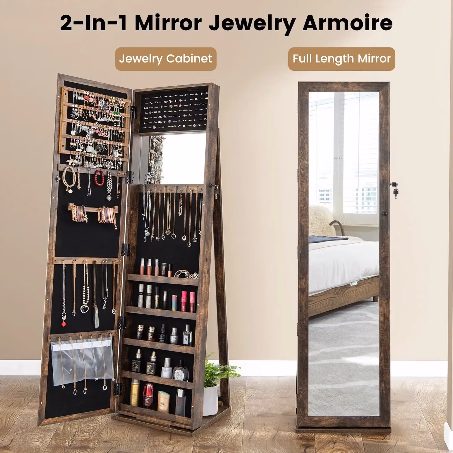 Costway 3-in-1 Brown Rustic Jewelry Armoire with Full-Length Mirror and Lockable Storage Organizer – 6