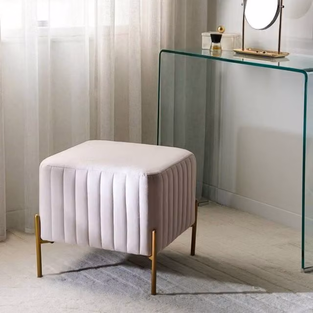 Wyld and Coco Taupe Velvet Cube Footstool with Gold Metal Legs, W/D/H: 47 x 47 x 47 cm