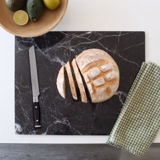 Harbour Housewares Rectangular Glass Chopping Board with Marble Effect in Black and White