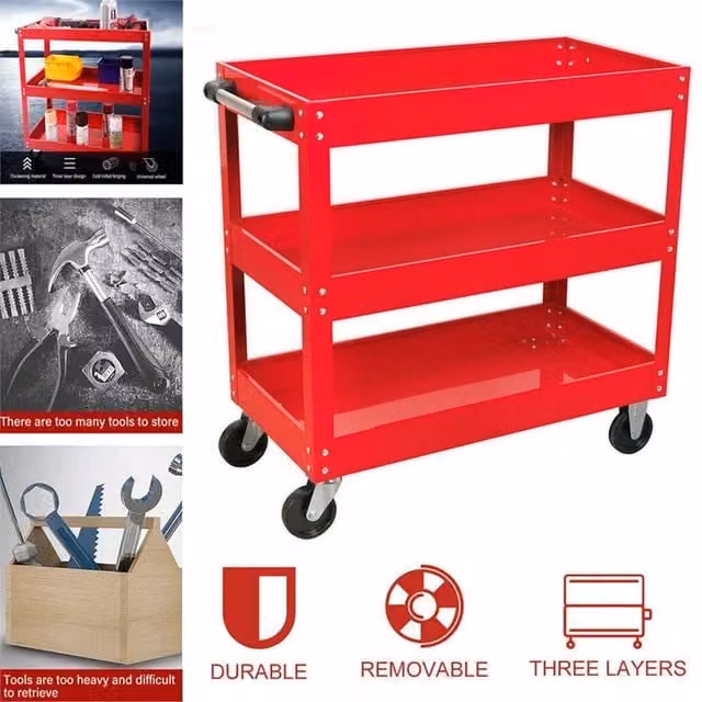 FLAVORA 3 Tier Heavy Duty Workshop Garage Mechanic Trolley in Red