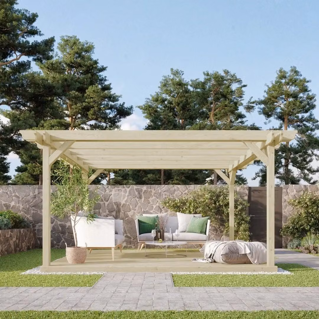 Rutland County Garden Furniture Ltd Double Garden Pergola and Decking Kit, W: 300 cm, D: 300 cm, H: 213 cm, Rustic Brown and Light Green – 2