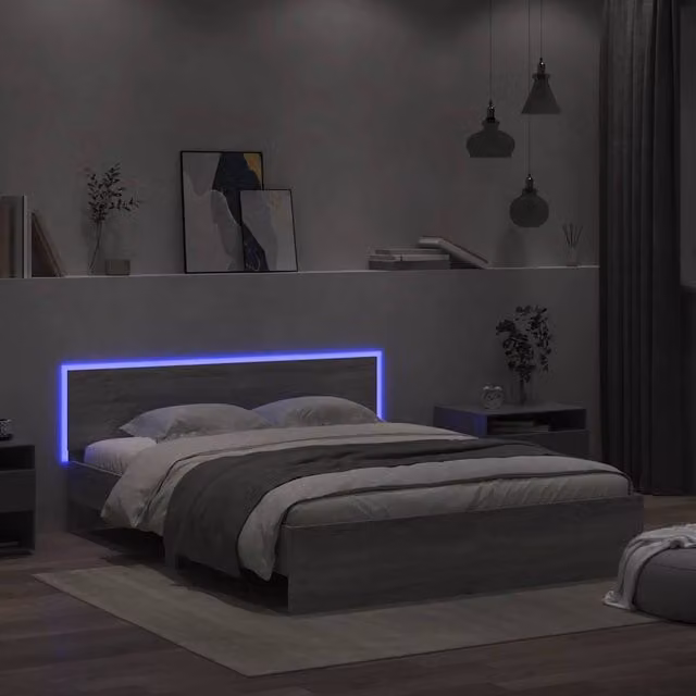 Berkfield Home Durable Bed Frame with Headboard and LED Under-Bed Lighting, Grey Sonoma, W/D/H: 150 x 200 x 155 cm