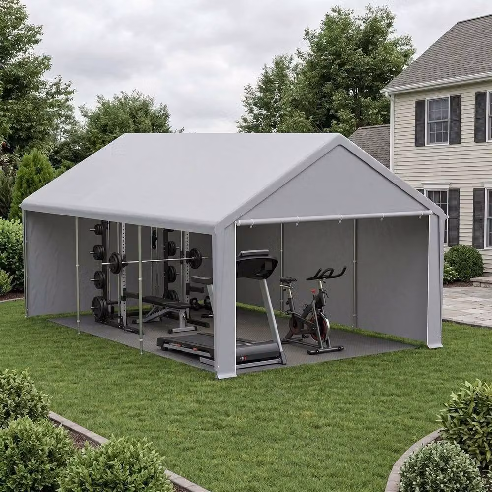 FLAVORA Grey Carport Canopy and Garden Storage Shed with Gable Roof and Window – 1