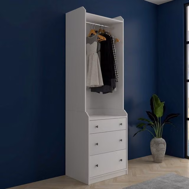 Kudl Home Modern White Wall Mounted Hanging Robe with 3 Internal Drawers and Open Top