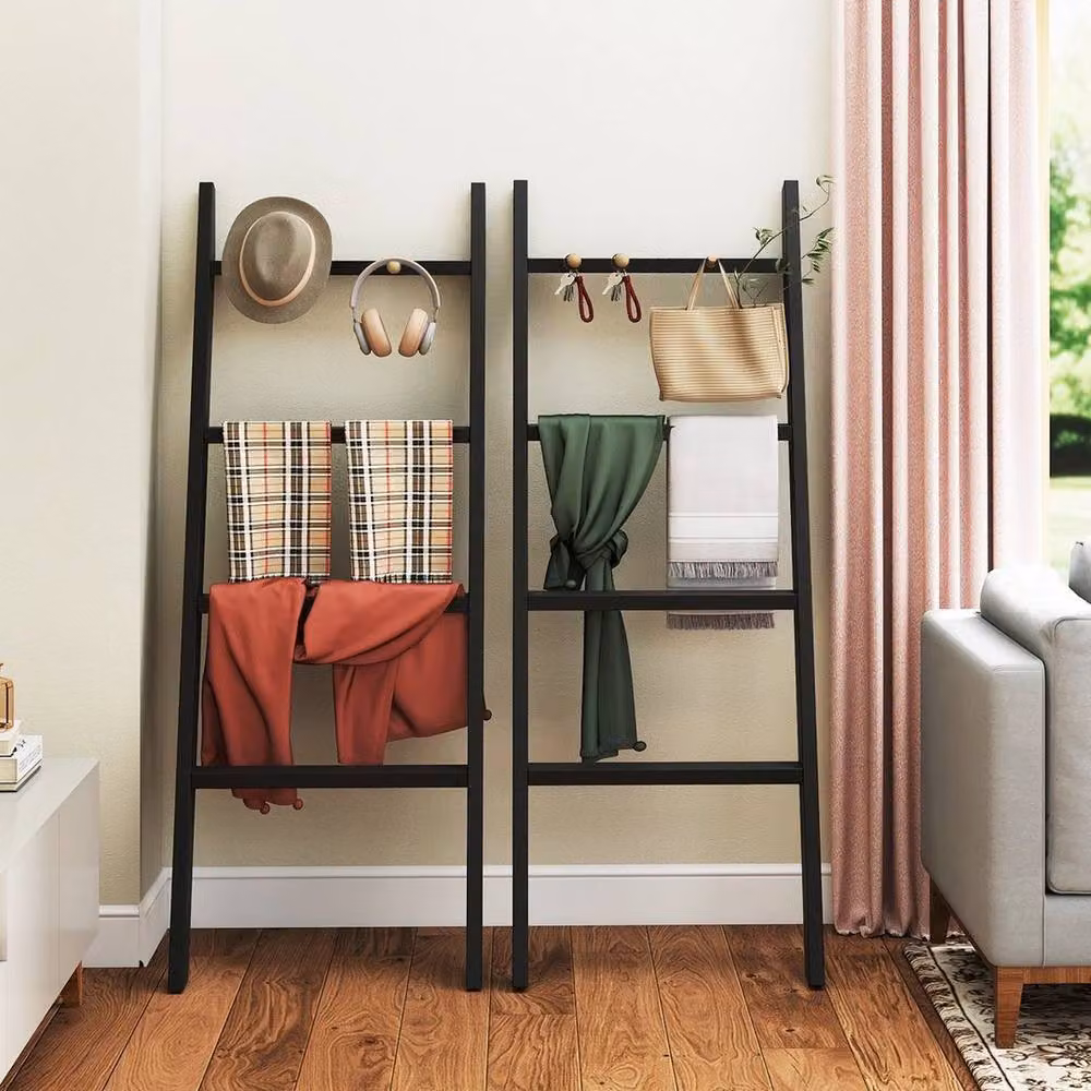 FLAVORA 4-Tier Rustic Black Wooden Blanket Ladder Rack – 4