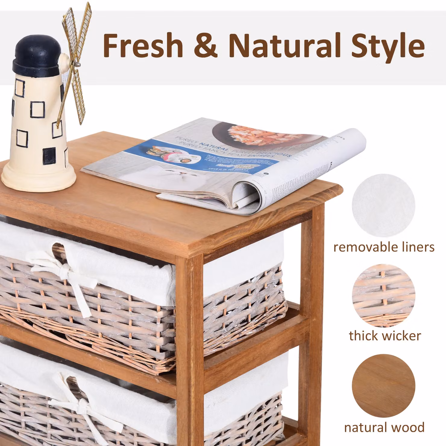 HOMCOM 5 Drawer Dresser with Wicker Storage Shelf Unit in Natural Wood and Brown – 3