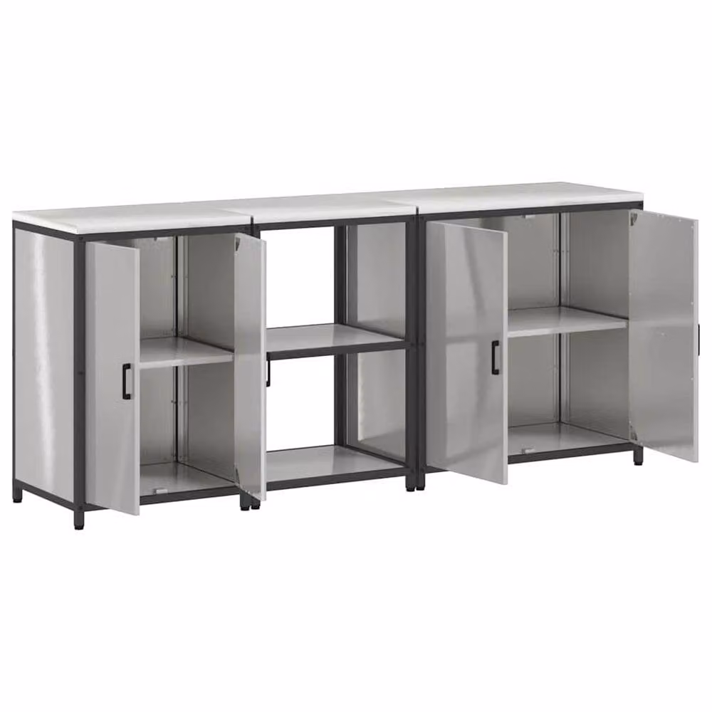 Berkfield Home Modern 3-Piece Kitchen Storage Unit with Open Shelves and Hinged Doors in Silver Stainless Steel – 3