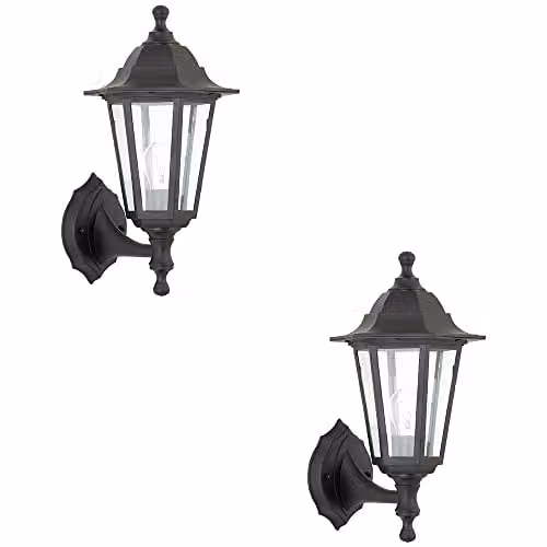 Loops 2 Pack Traditional Black Lantern Outdoor Wall Lights with Transparent Glass, IP44 Rated, Dimmable, E27 LED Compatible