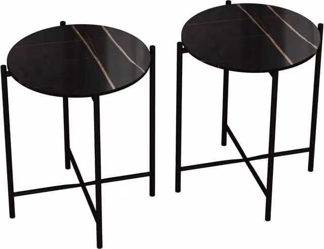 Havendro Set of 2 Black Round Marble Effect Coffee Tables with Metal Frame – 1