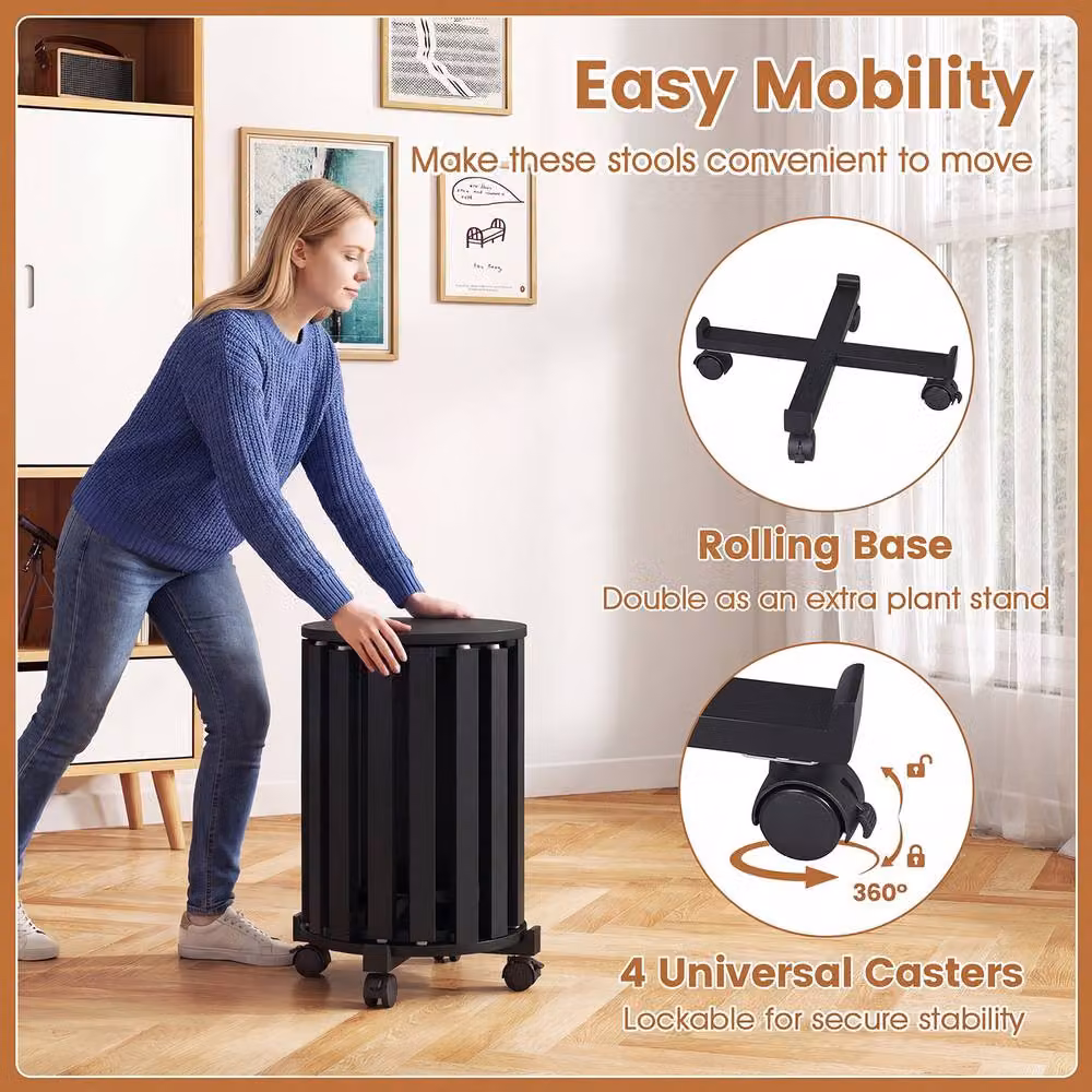 Costway Set of 4 Stackable Wooden Nesting Dining Stools with Rolling Base in Black – 3