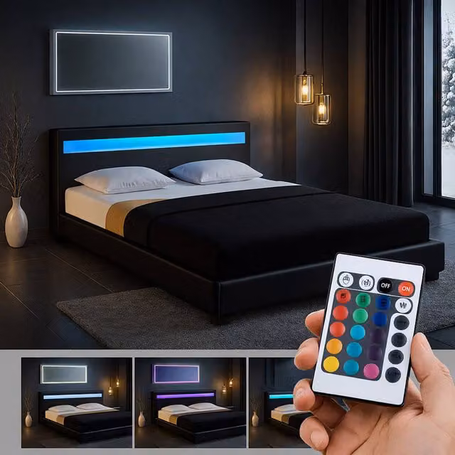 Harmin Luxury Black Small Double LED Faux Leather Upholstered Bed Frame W/D/H: 120 x 200 cm