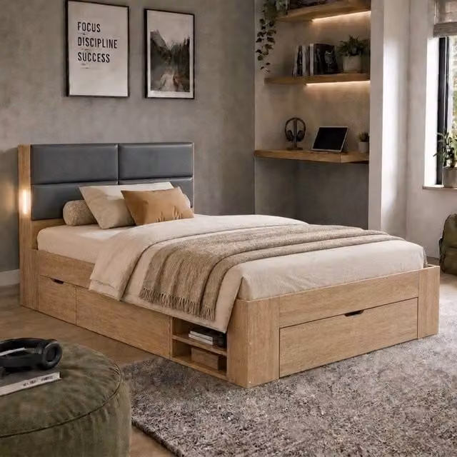 Merax Single Storage Bed with Drawers and LED Lighting in Brown, W/D/H: 90 x 190 cm – 1