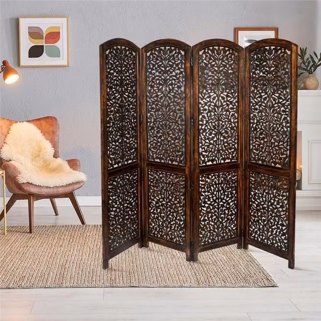 Topfurnishing Kashmiri 4 Panel Carved Wooden Room Divider Screen with Floral Ethnic Design in Brown and White
