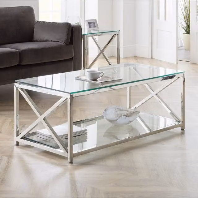 Julian Bowen Miami Art Deco Glass Top Coffee Table with X-Frame in Silver, W/D/H: 120 x 60 x 45 cm