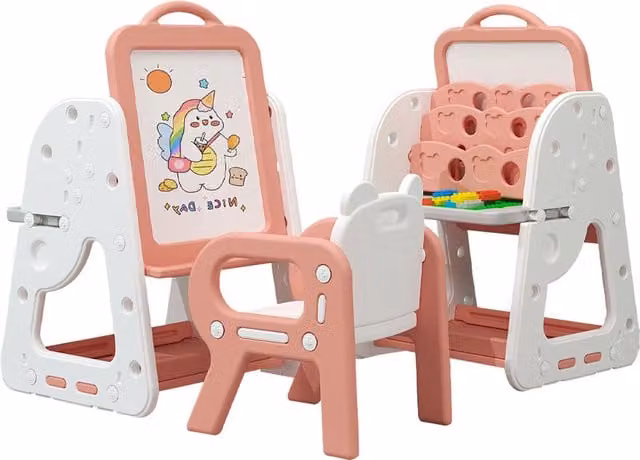 Livingandhome 3 in 1 Childrens Easel Desk Chair Set with Book Rack in Pink and White