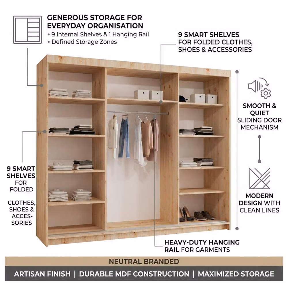 Sliding Wardrobes 4U Modern 3 Door Sliding Wardrobe in Natural, W: 250 cm, H: 217 cm – 2