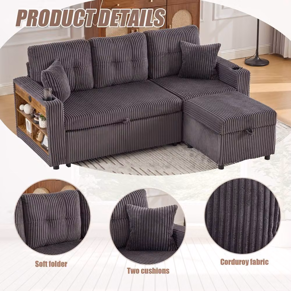BTM Cord Sleeper Sofa in Dark Grey with LED Lighting, USB Charging and Storage – 4
