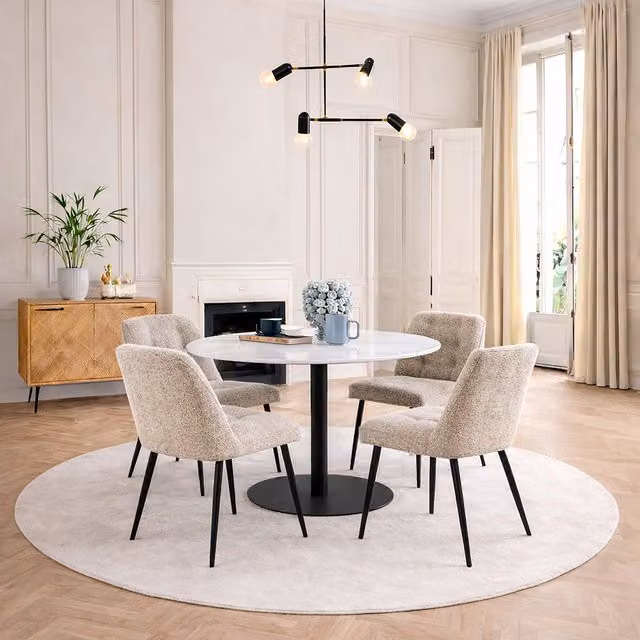 Furniture To Go Corby Round White Marble Dining Table with Black Base and 4 Brooke Beige Upholstered Chairs