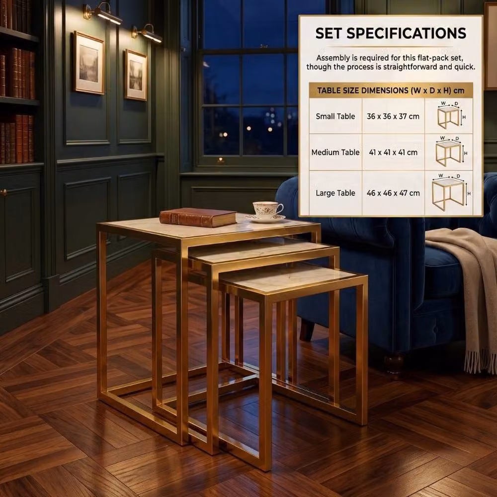Home Luxe Interior Massa Gold Nest of 3 Tables with Cream Marble Tops and Gold Metal Legs – 5