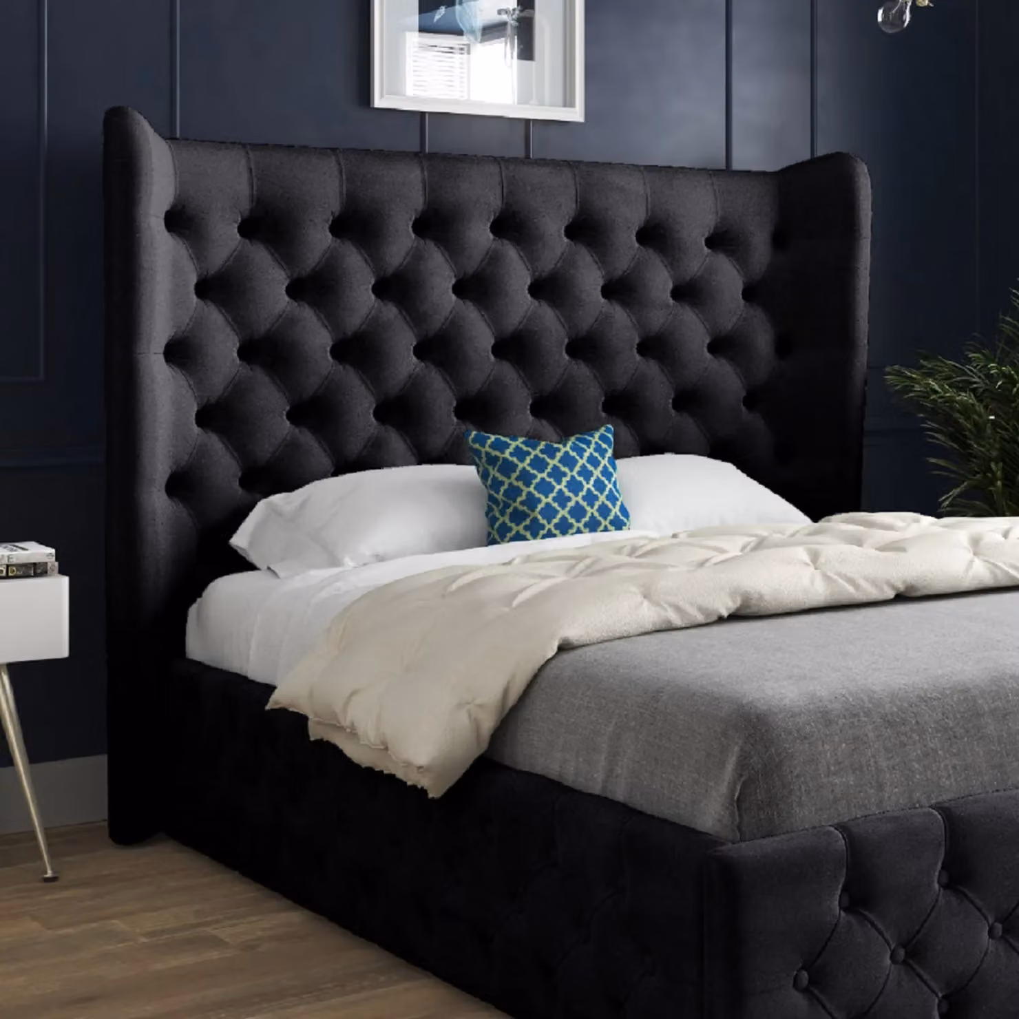 KDMD Florence Wide Winged Upholstered Soft Velvet Black Bed Frame, Size: Double (140 x 200 cm) – 2