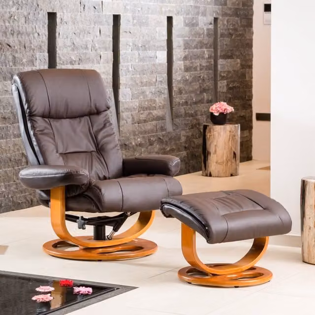 Artemis Home Barriston Swivel Recliner and Footstool in Brown Synthetic Leather with Solid Wood Frame