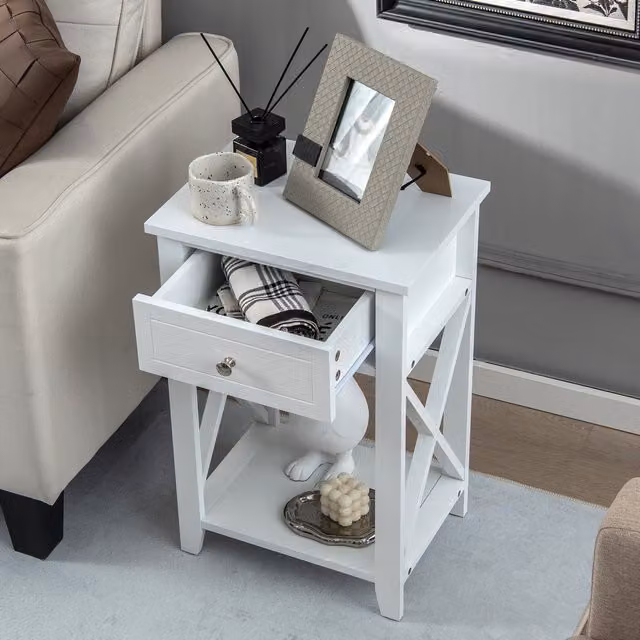 COSTWAY Cross Nightstand Bedside Table in White