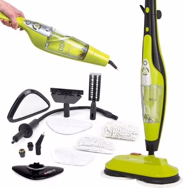H2O HD 8-in-1 Steam Mop and Handheld Steam Cleaner in Black and Green